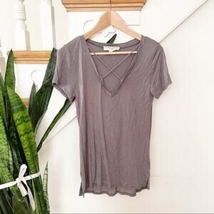 Project Social T UO mauve tan strap front blouse S